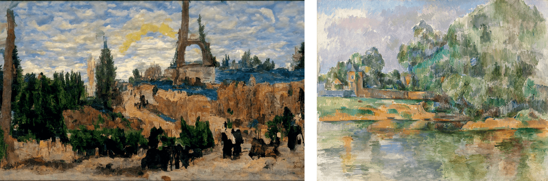 A side-by-side of two post-impressionist landscapes of France shows the difficulty in differentiating human art from AI art. A Paris landscape was created by an AI, while Paul Cezanne's Banks of the Seine at Medan was manmade.