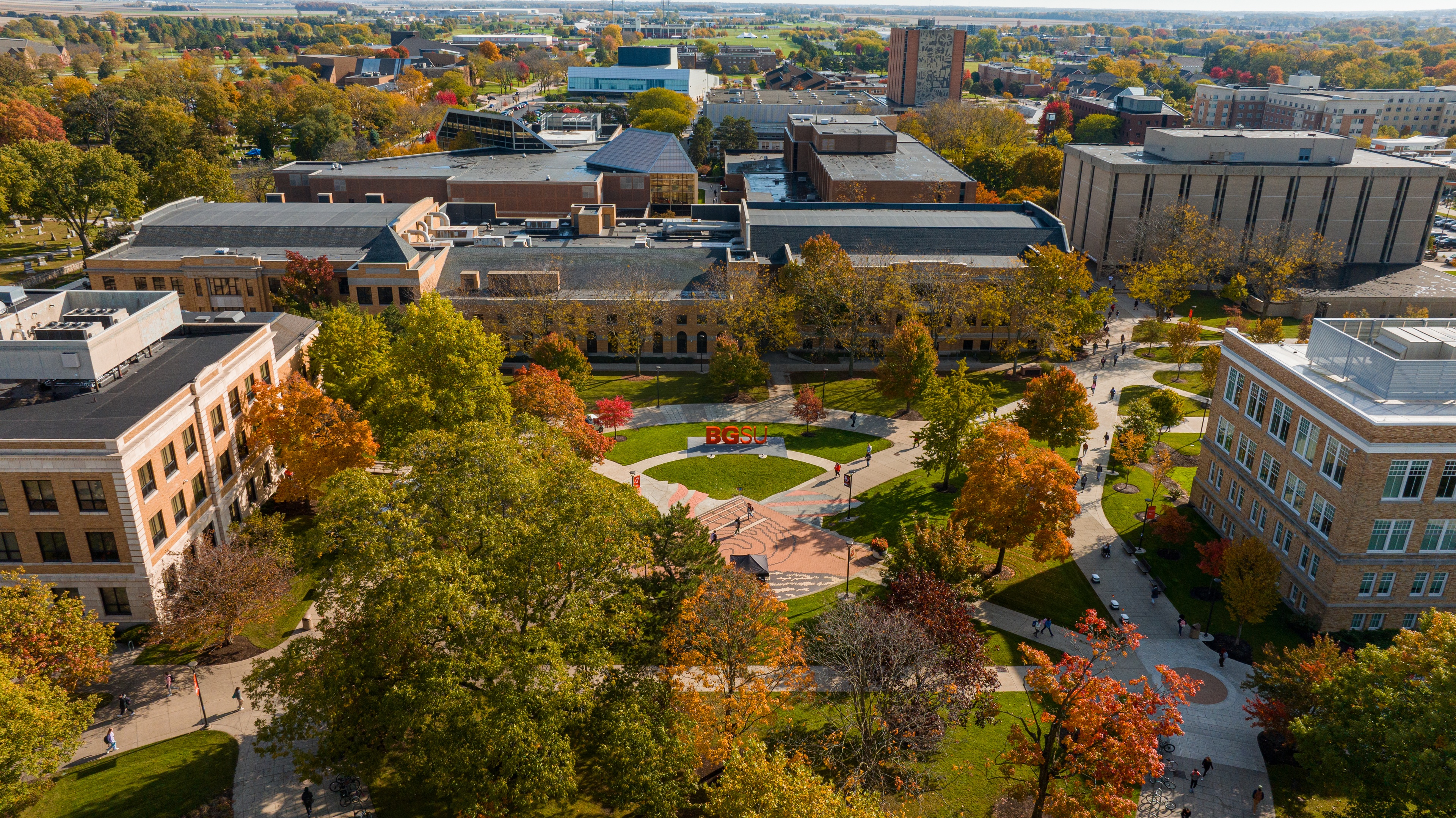 Ariel photo of campus over union oval and BGSU letters