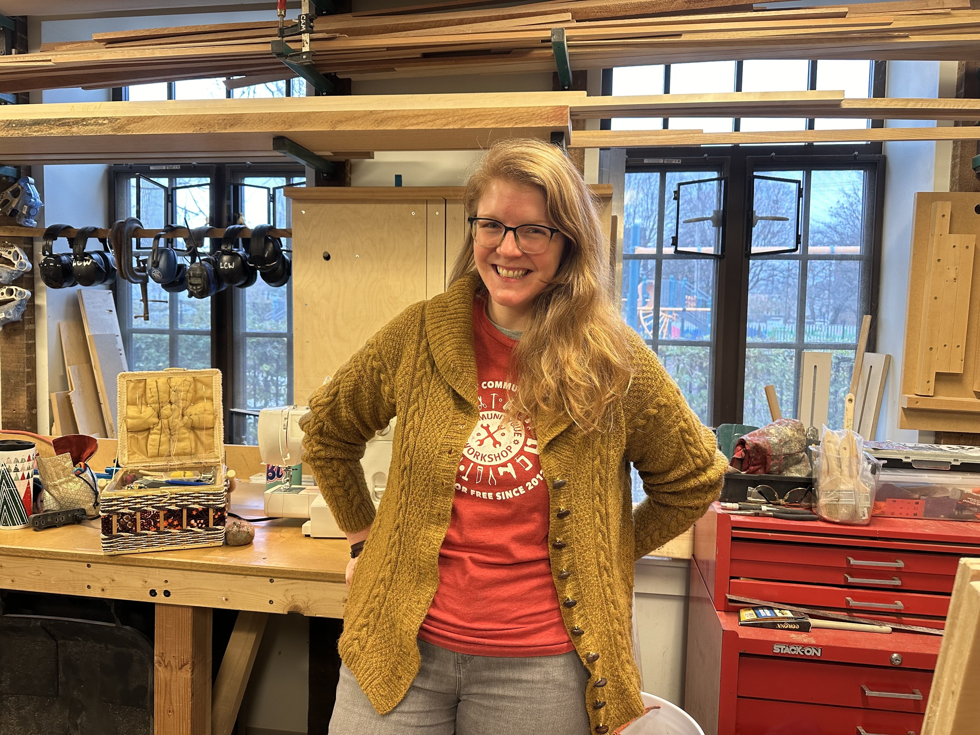 BGSU alumna Megan Grandstaff standing in a workshop.