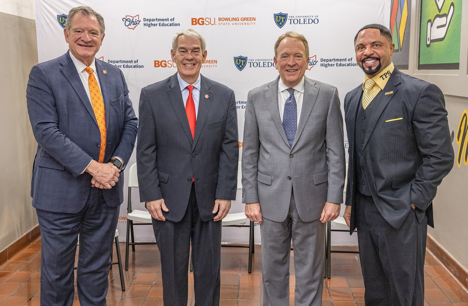 BGSU President Rodney K. Rogers, ODHE Chancellor Randy Gardner, UToledo President Gregory Postel and TPS Superintendent Romules Duran