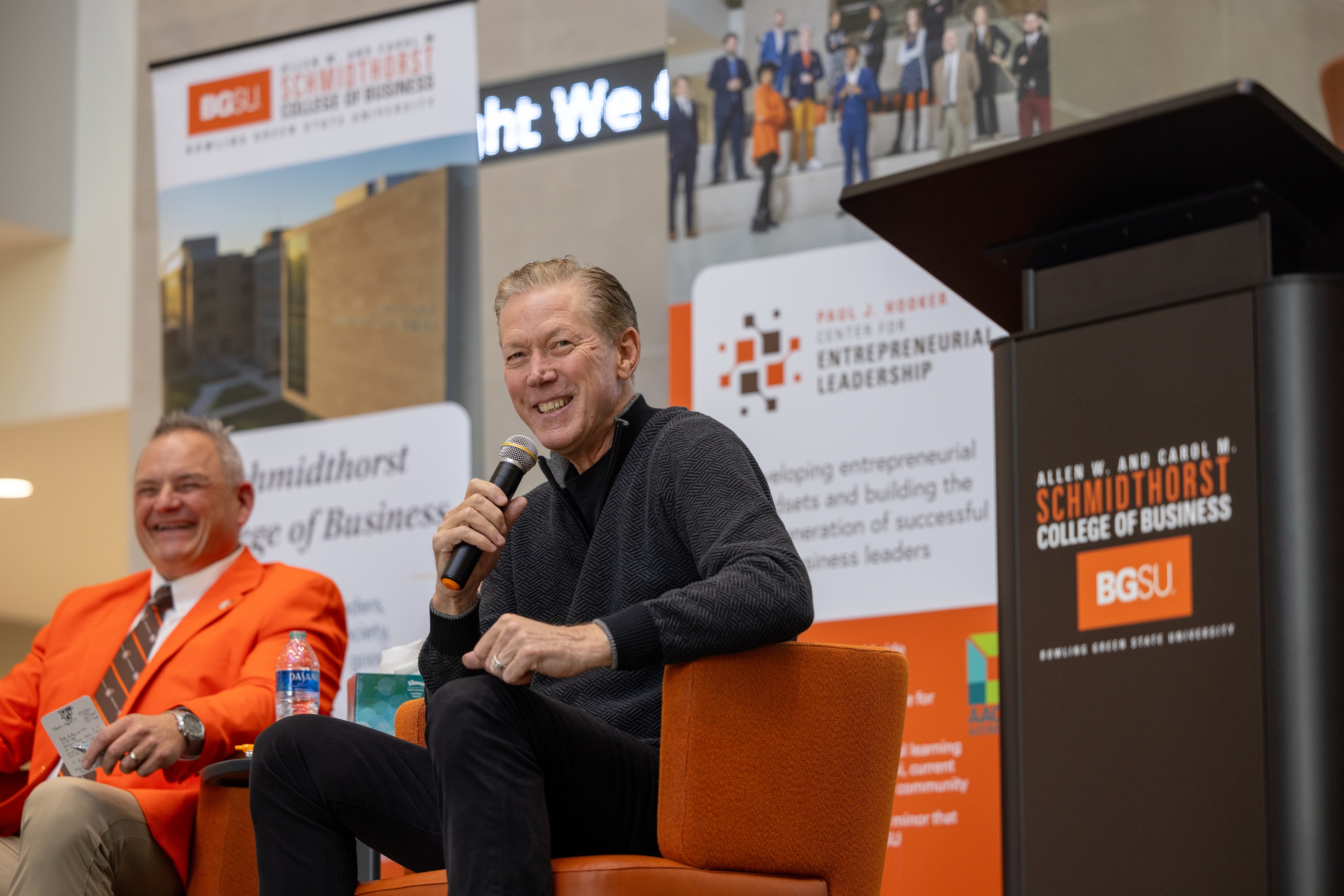 Former Major League Baseball pitcher and BGSU Athletics Hall of Famer Orel Hershiser smiles as he holds a microphone.