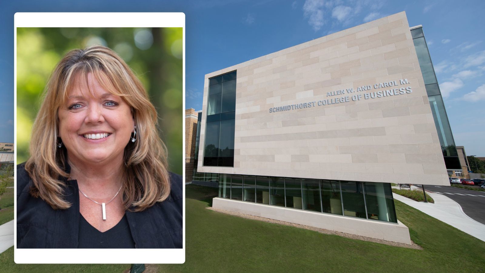 A headshot is superimposed on a campus landscape.