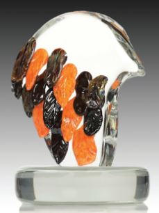 Orange and brown falcon head reflective glass award.