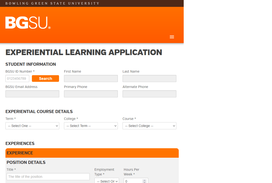 Experiential Learning Application online web form with empty fields.