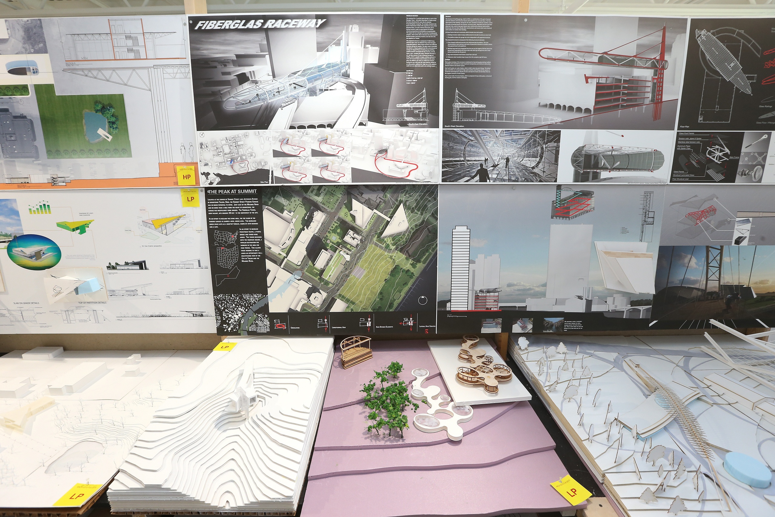 Design studio projects on display in an accreditation exhibition at the BGSU Architecture Masters degree, or M.Arch.