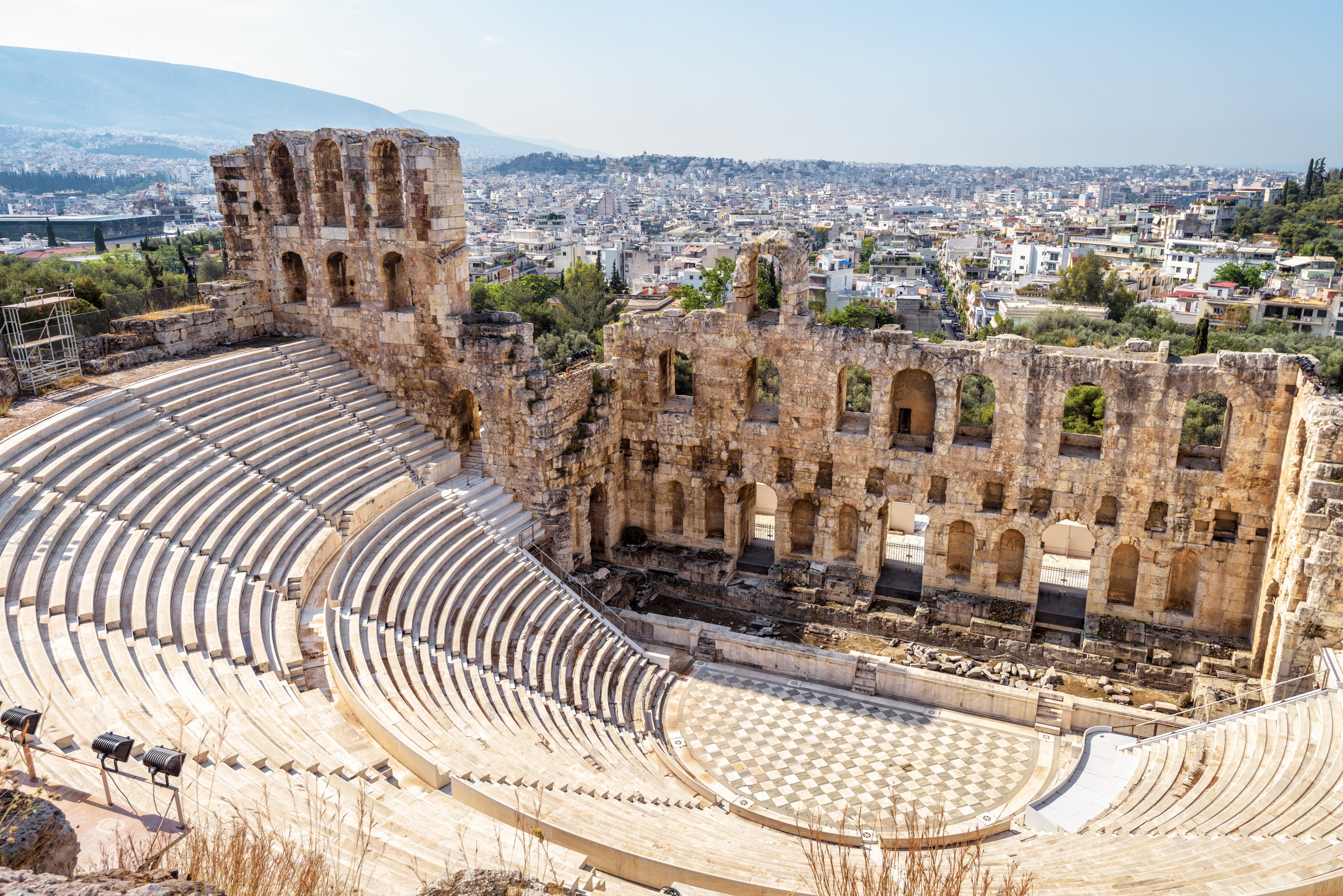 Panoramic view of the Odeon of Herodes Atticus at Acropolis of Athens from above, Greece