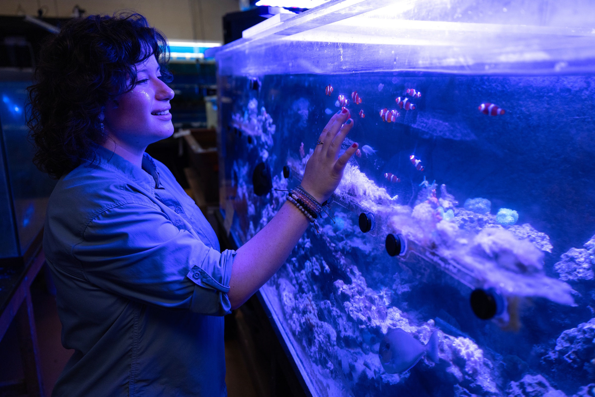 Woman with hand pressed against fish tank.