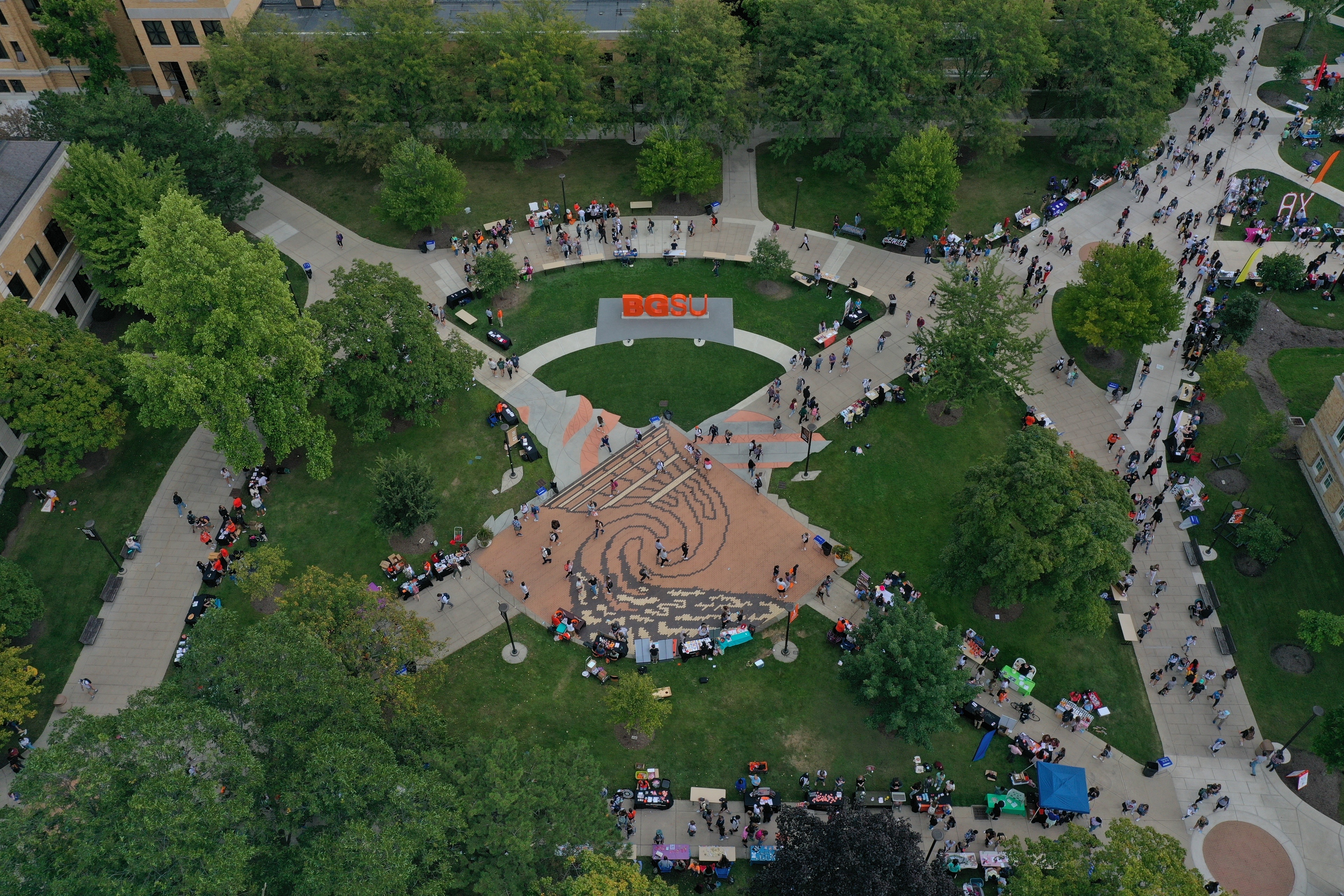 A drone shot from above the BGSU mall area on campus shows patterns. Ph.D. students in sociology study patterns in society.