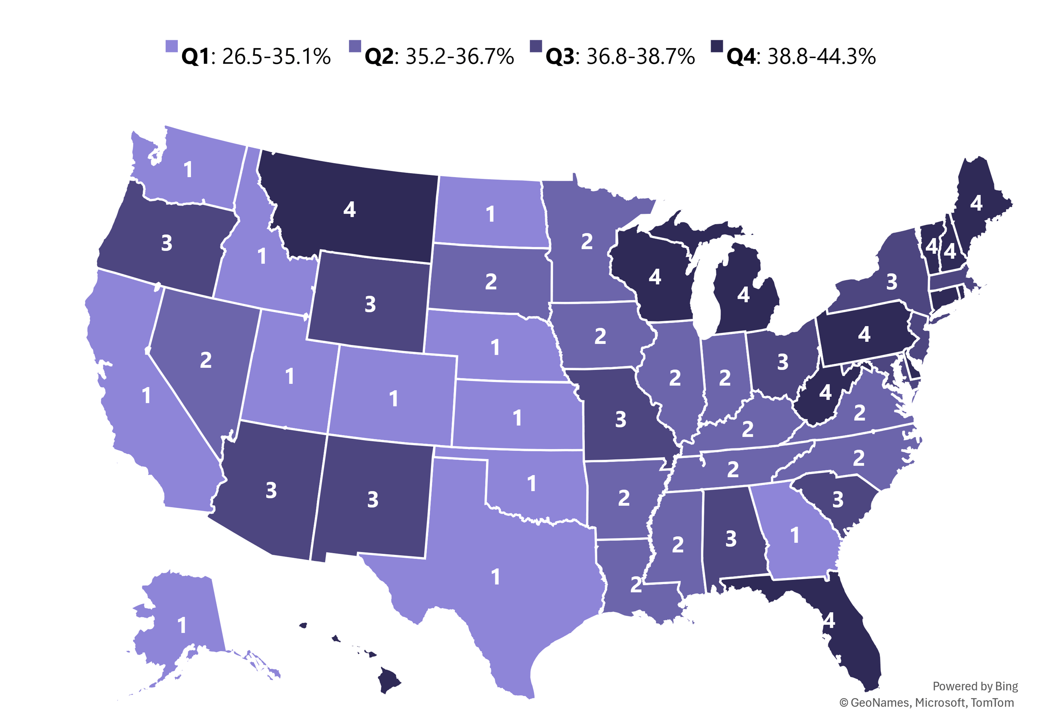 In 2024, the share of residents aged 50+ varied across states, ranging from 26.5% in Utah to 44.3% in Maine. States are grouped into quartiles, with relatively higher shares concentrated in parts of the Northeast and lower shares in several Western states.
