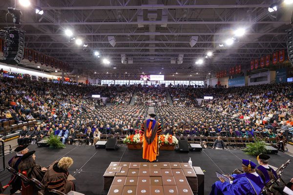 BGSU President Rodney K. Rogers speaks at the 2023 Commencement in the Stroh Center on BGSU's campus.
