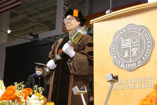 Associate Dean, Dr. Jan Hartley at the May 2023 Commentment in the Stroh Center on BGSU's campus