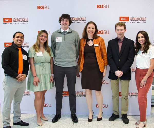 Group Photo of Geizi Amon, Sarah Bazeil, Sean O'Donnell, Jennifer Percival, Matt DeAmon, and Kailee Ransom at the Honors and Awards Ceremony in the Maurer Center on BGSU's campus.