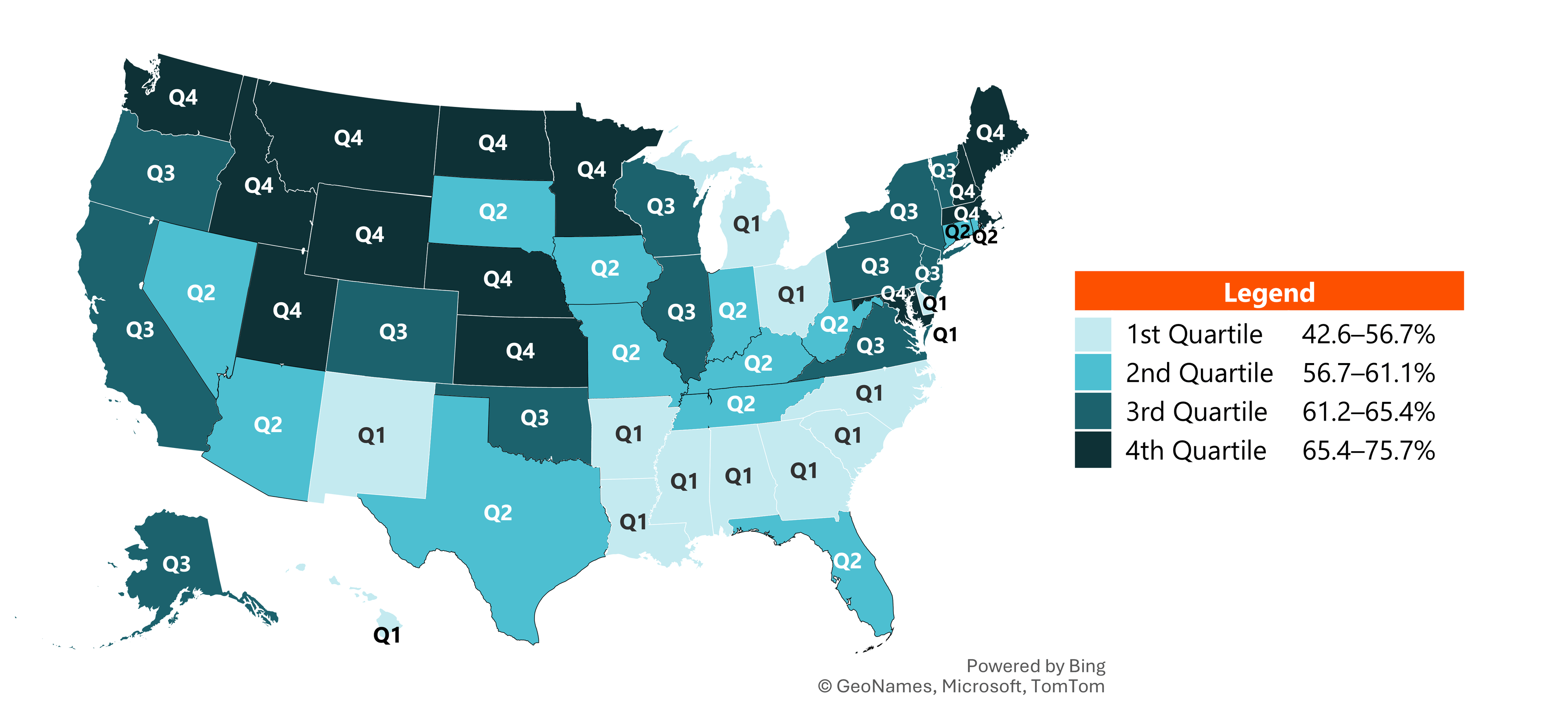Choropleth map showing state variation in the percentage of children living with two married biological parents in 2025. Higher shares were concentrated in many Western and Northern states, while lower shares were concentrated in many Southern states.