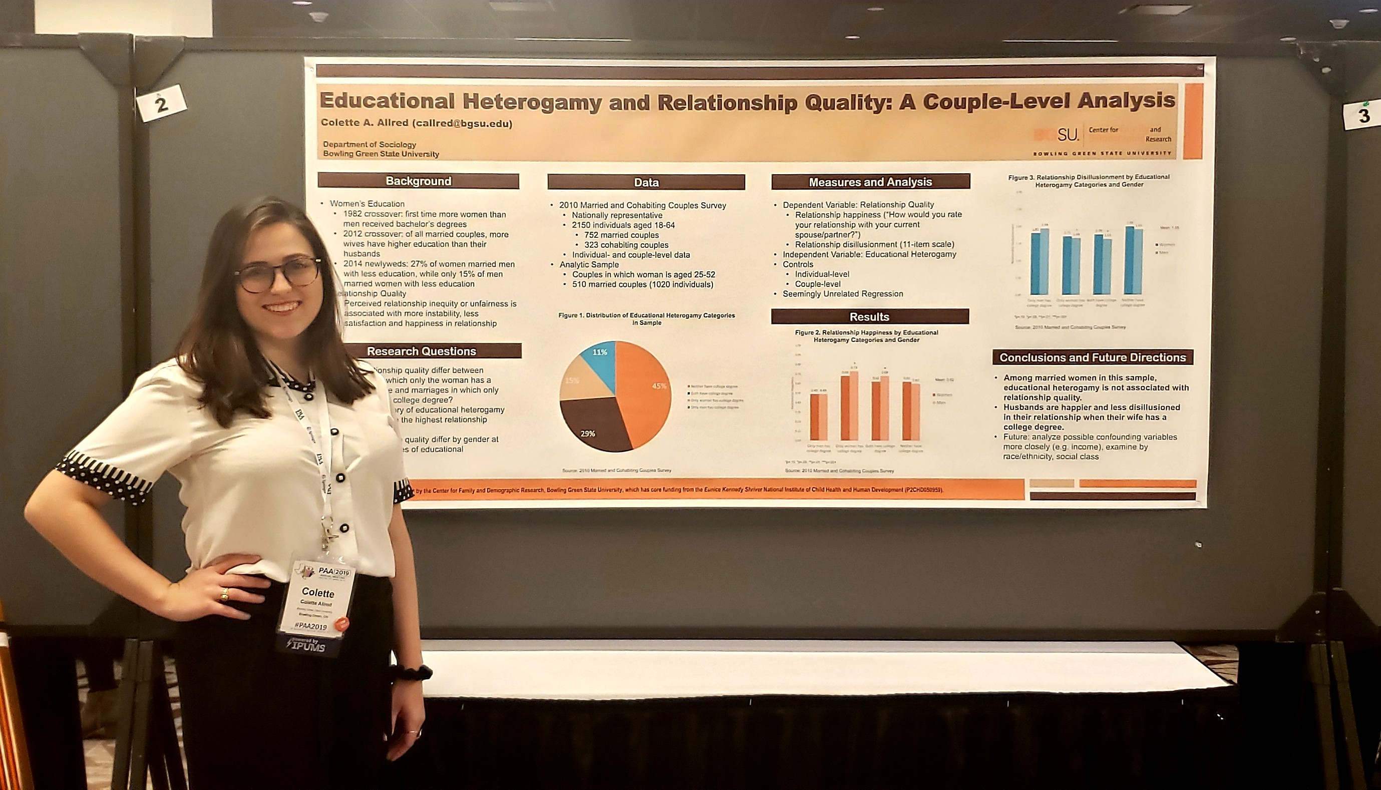 Colette Allred wins research poster award during the 2019 Population Association of America (PAA) conference for her research poster "Educational Heterogamy and Relationship Quality: A Couple-Level Analysis."