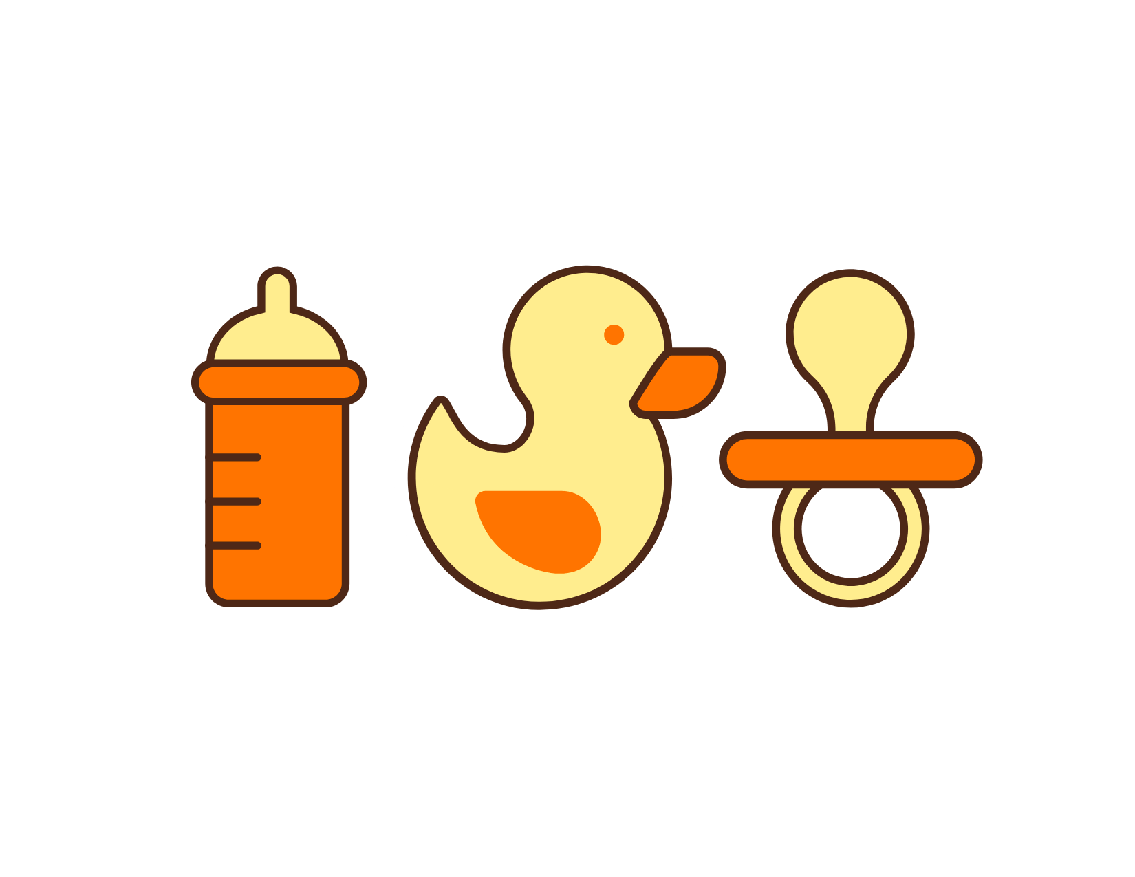 cartoon image of yellow rubber duck flanked by a baby bottle on the left and a pacifier on the right