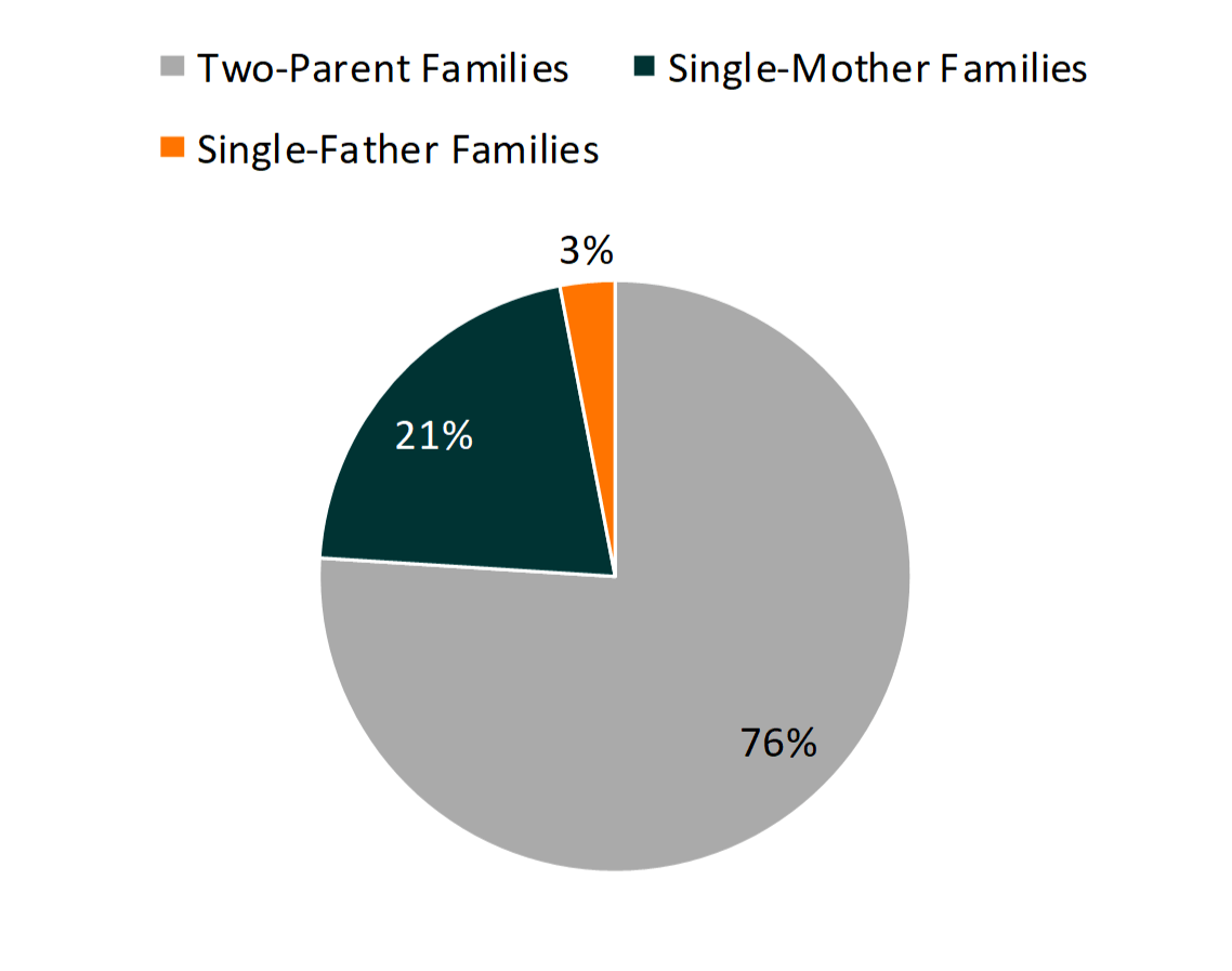 pie chart showing Figure 1. Share of Children Living with Single Mothers or Single Fathers, 2016  