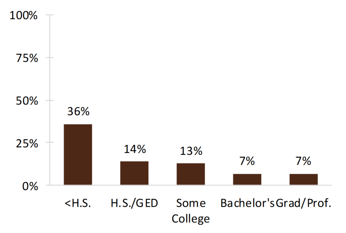 brown bar chart showing  Figure 4. Percentage of Mothers Aged 40-44 with Four or More Births by Educational Attainment