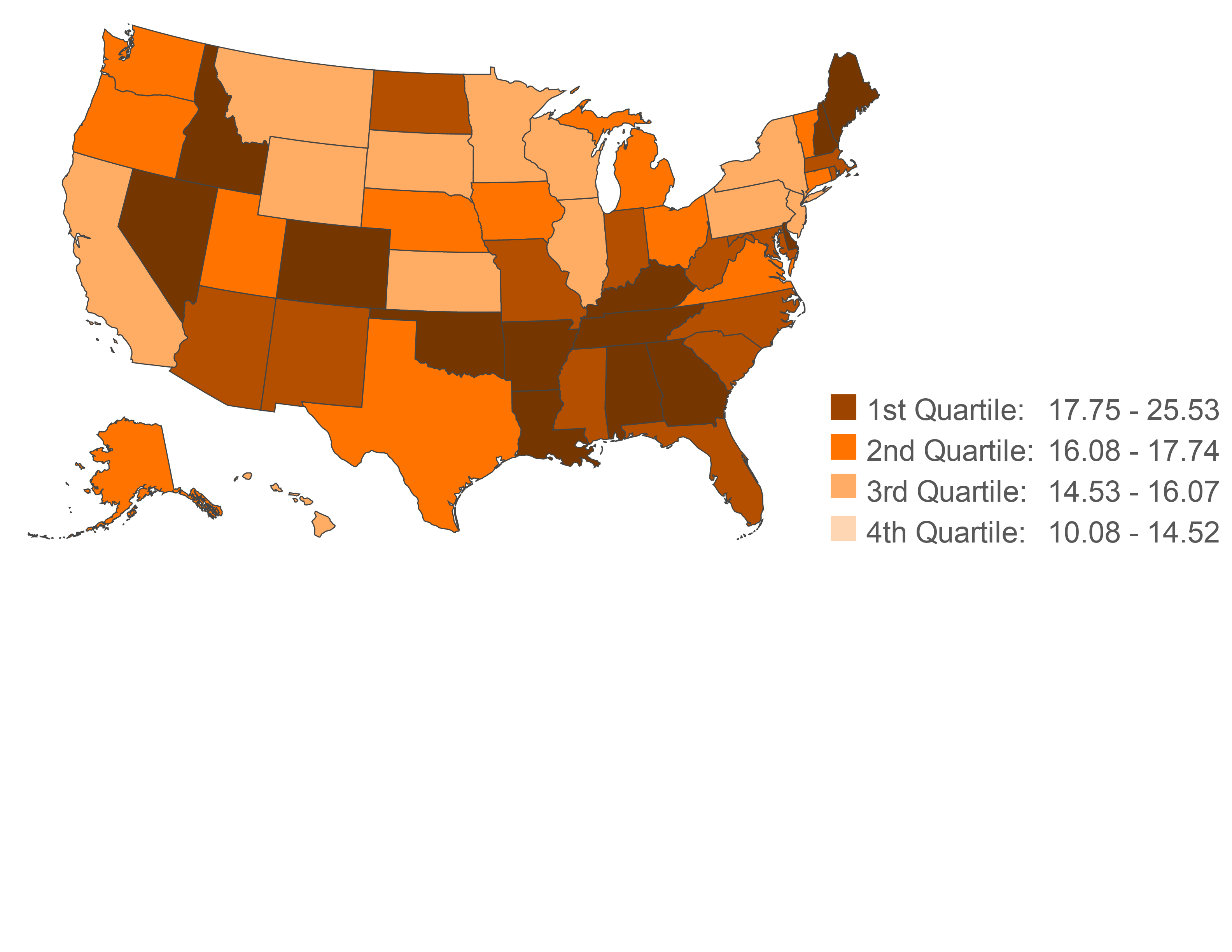 Figure 3. Geographic Variation of Women’s Adjusted Divorce Rate Among States, 2017