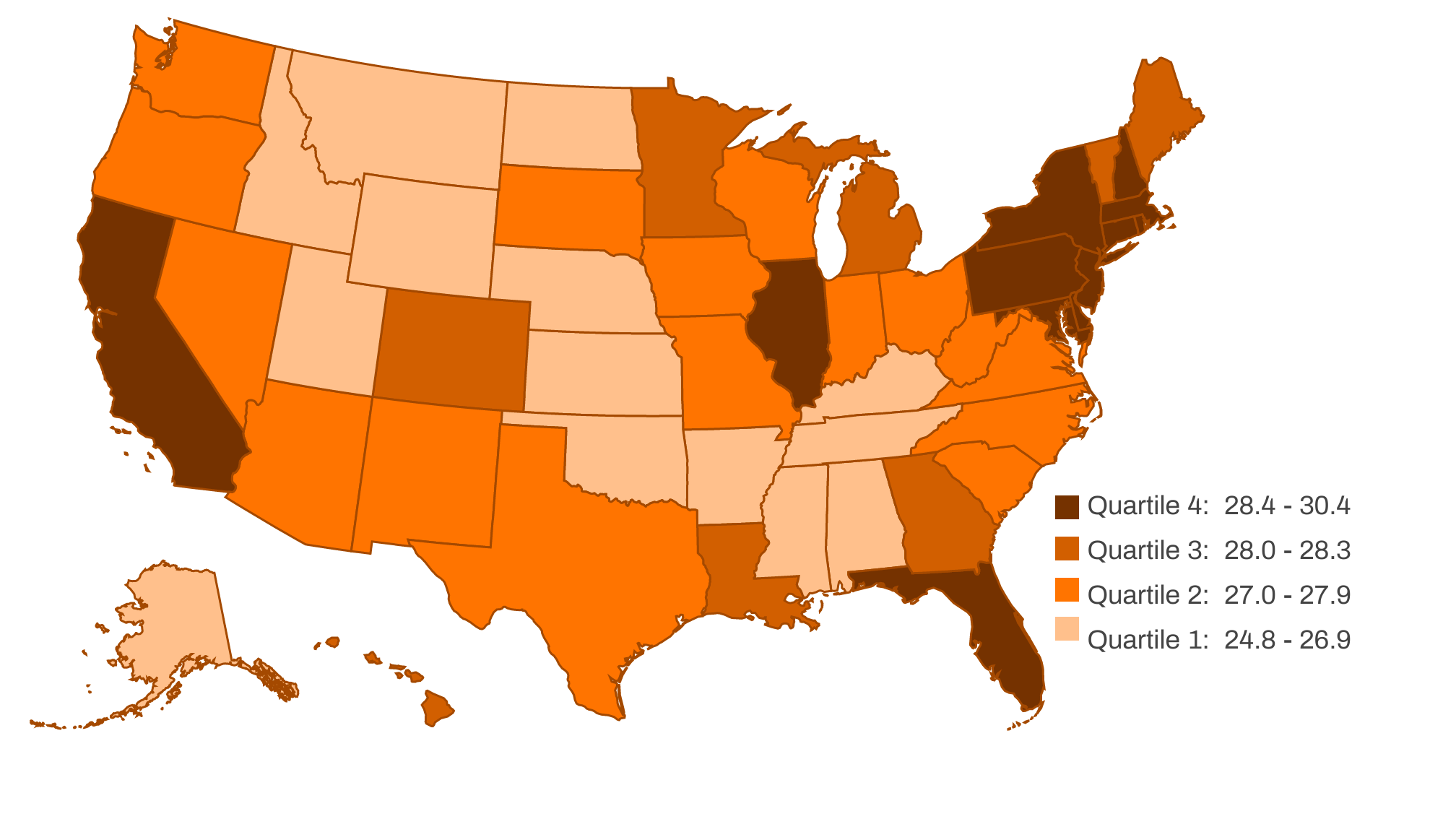 US map in shades of orange showing women's state-level median age at 1st marriage by quartile, 2017