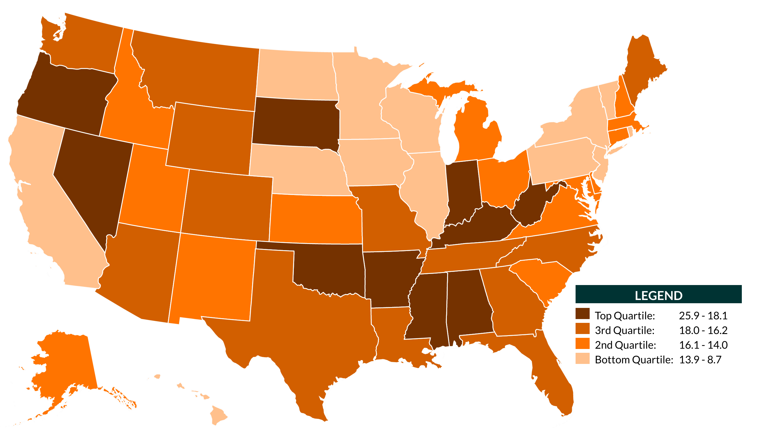 varied shades of orange showing USA Figure 4. Geographic Variation of Women’s Adjusted Divorce Rate Among States, 2018