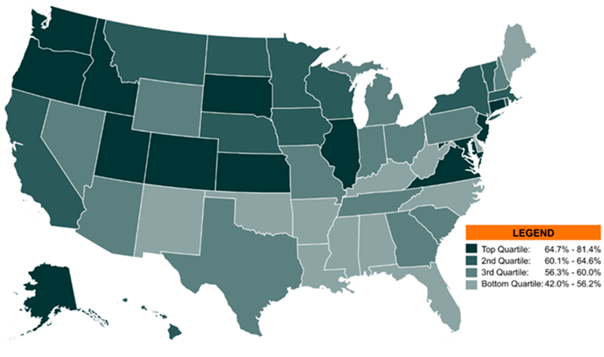 US map in shades of teal showing geographic variation in the % of children living w/2 married biological parents