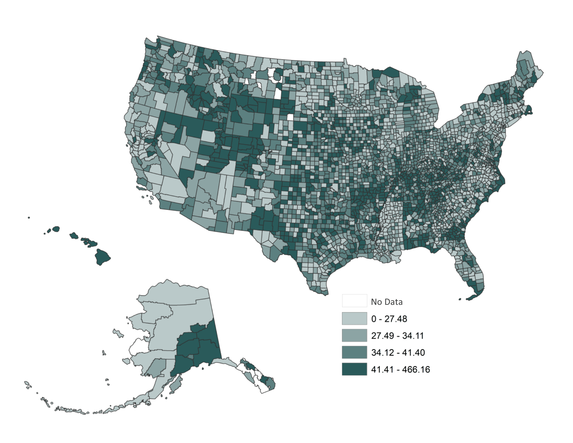 US map in shades of teal showing Figure 1 presents county-level adjusted marriage rates per 1,000 unmarried persons by quartile in the U.S. in 2010.