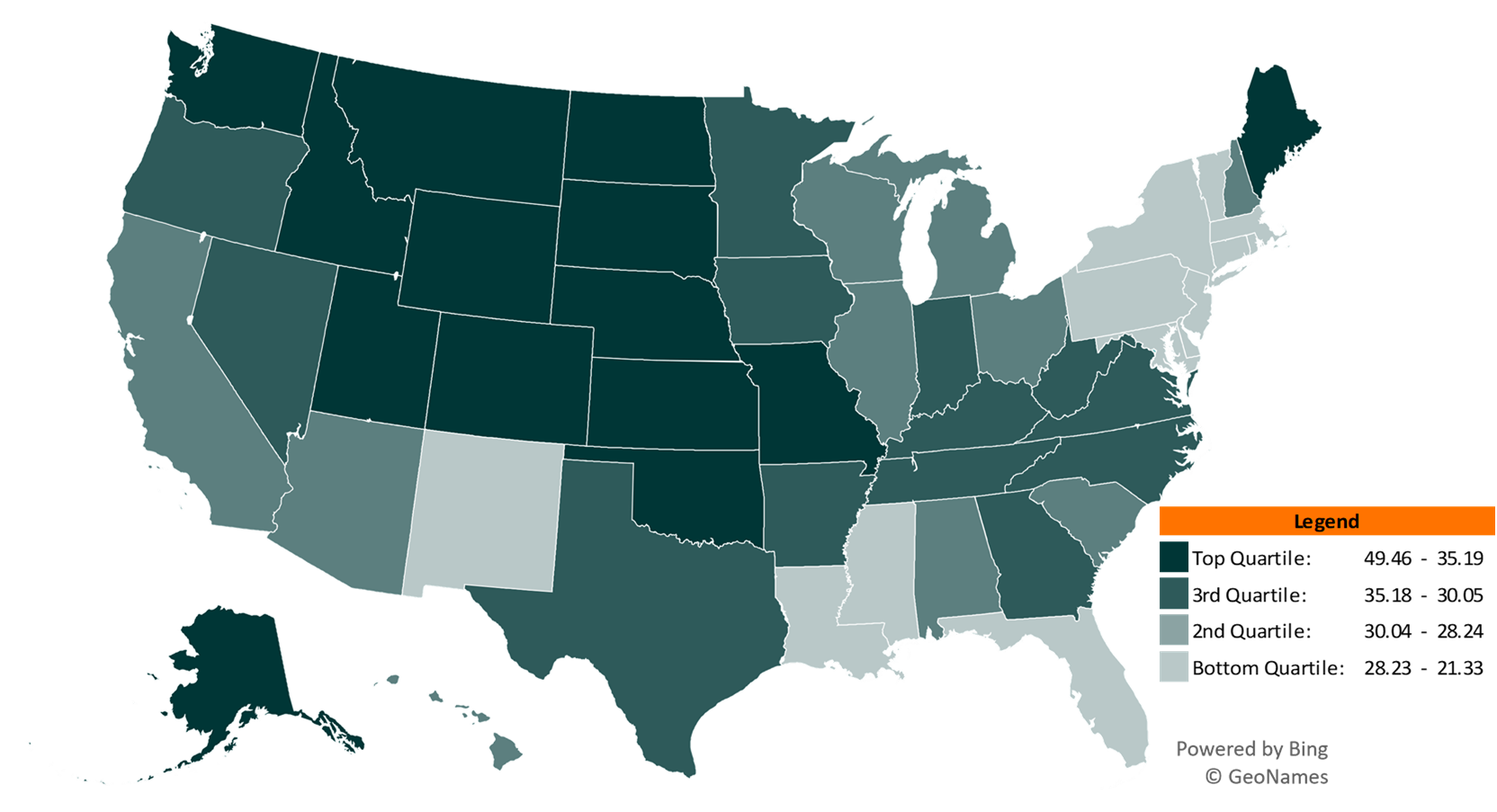 teal shaded US map featuring Figure 4. Geographic Variation of Women’s Adjusted Marriage Rate Among States, 2019
