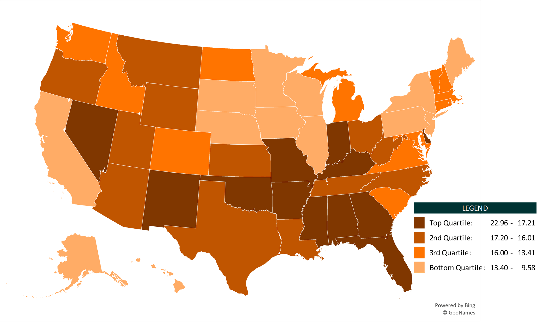 orange shaded US map featuring Figure 4. Geographic Variation of Women’s AdjustDivorce Rate Among States, 2019