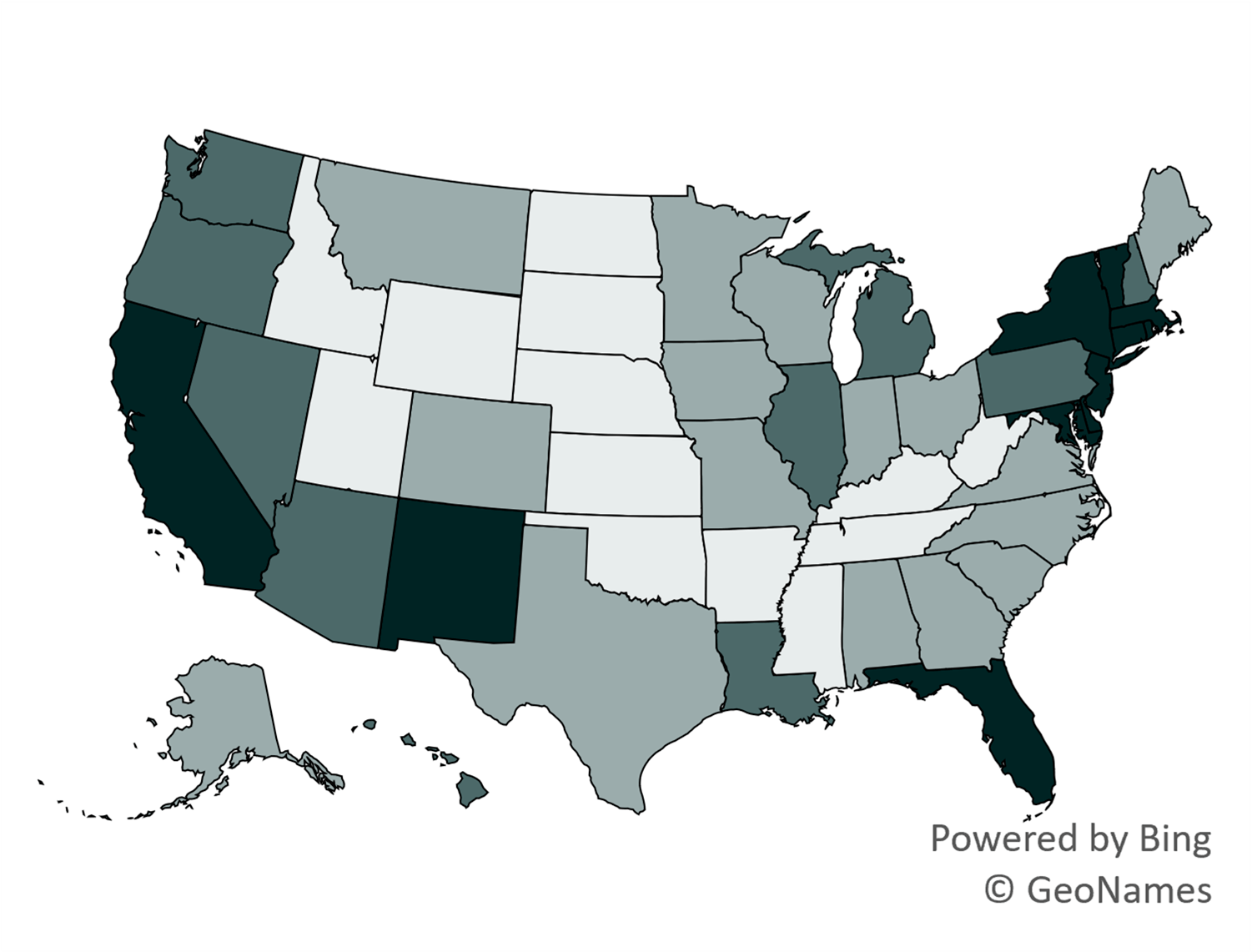 teal shaded map showing   Figure 2. Men’s State-Level Median Age at First Marriage by Quartile, 2019