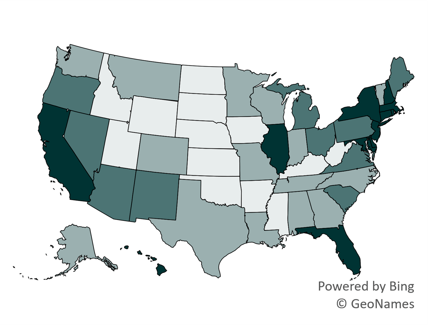 teal shaded map showing Figure 3. Women’s State-Level Median Age at First Marriage by Quartile, 2019