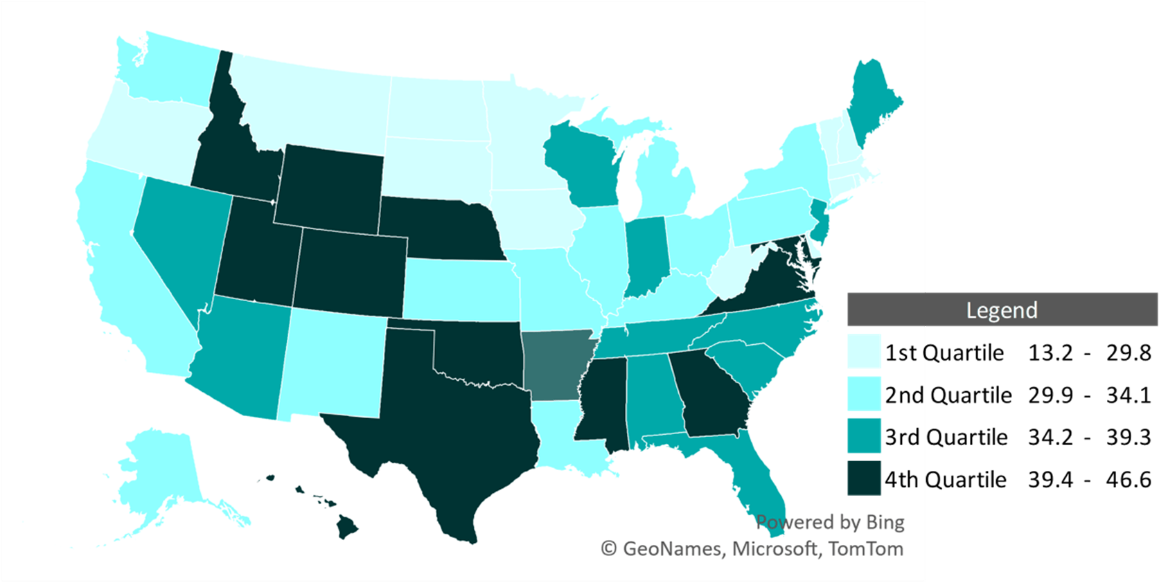 Map showing Geographic Variation of U.S. Men's  Remarriage Rates by state, 2019