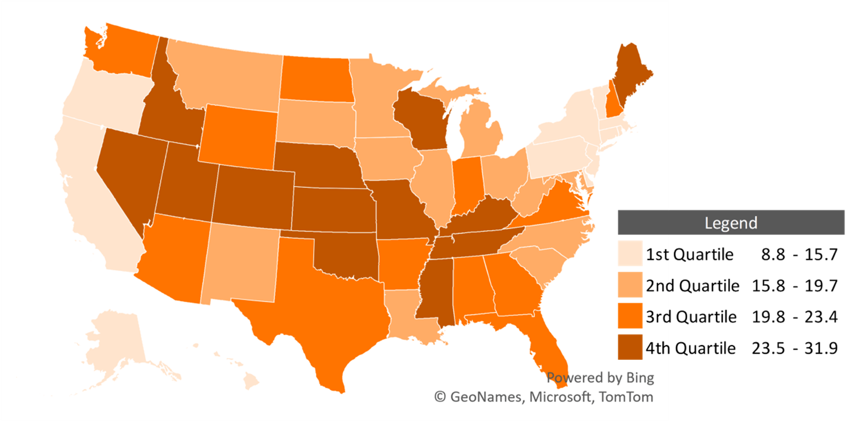 Map showing Geographic Variation of U.S. Women’s Remarriage Rates by state, 2019