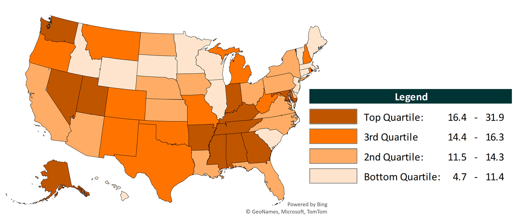 map of U.S. showing Figure 4. Geographic Variation of Women’s Adjusted Divorce Rate Among States, 2020