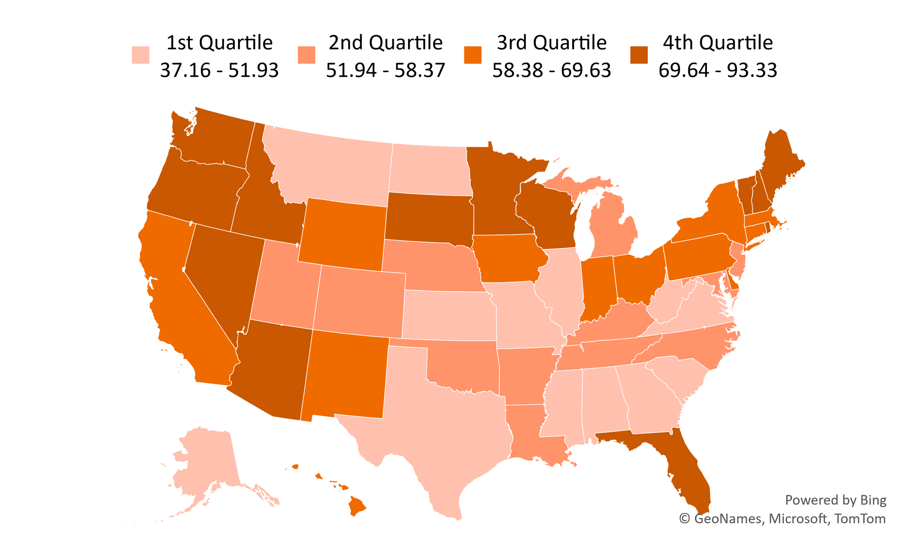 US map showing Figure 2. Prevalence Rate of Unmarried Older Adults Cohabiting by State, 2019