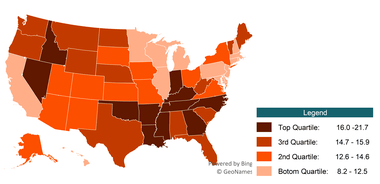 graph showing Figure 4. Geographic Variation of Women’s Adjusted Divorce Rate Among States, 2021