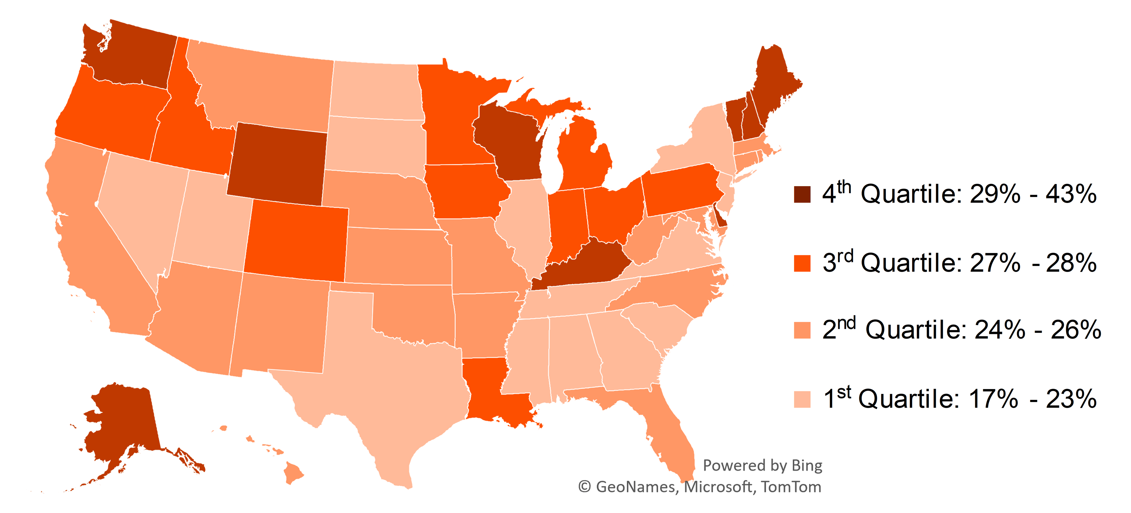 graph showing Figure 2. Percentage of Unmarried Young Adults Cohabiting by State, 2019 