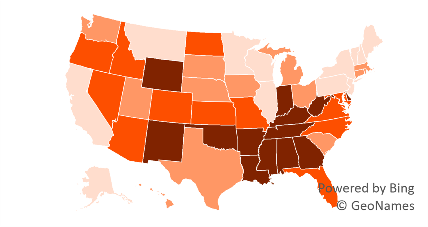 Map of US showing Geographic Variation of Women’s Adjusted Divorce Rate Among States, 2022