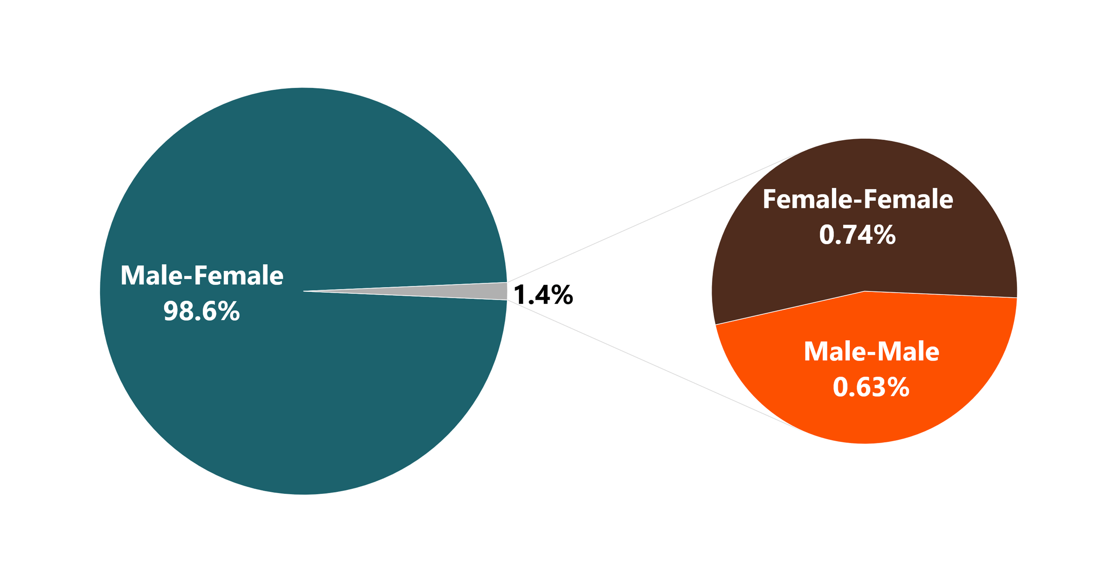 Pie chart showing the sex composition of married couples in 2024. Most married couples were different-sex couples, with same-sex couples evenly split between male and female couples.