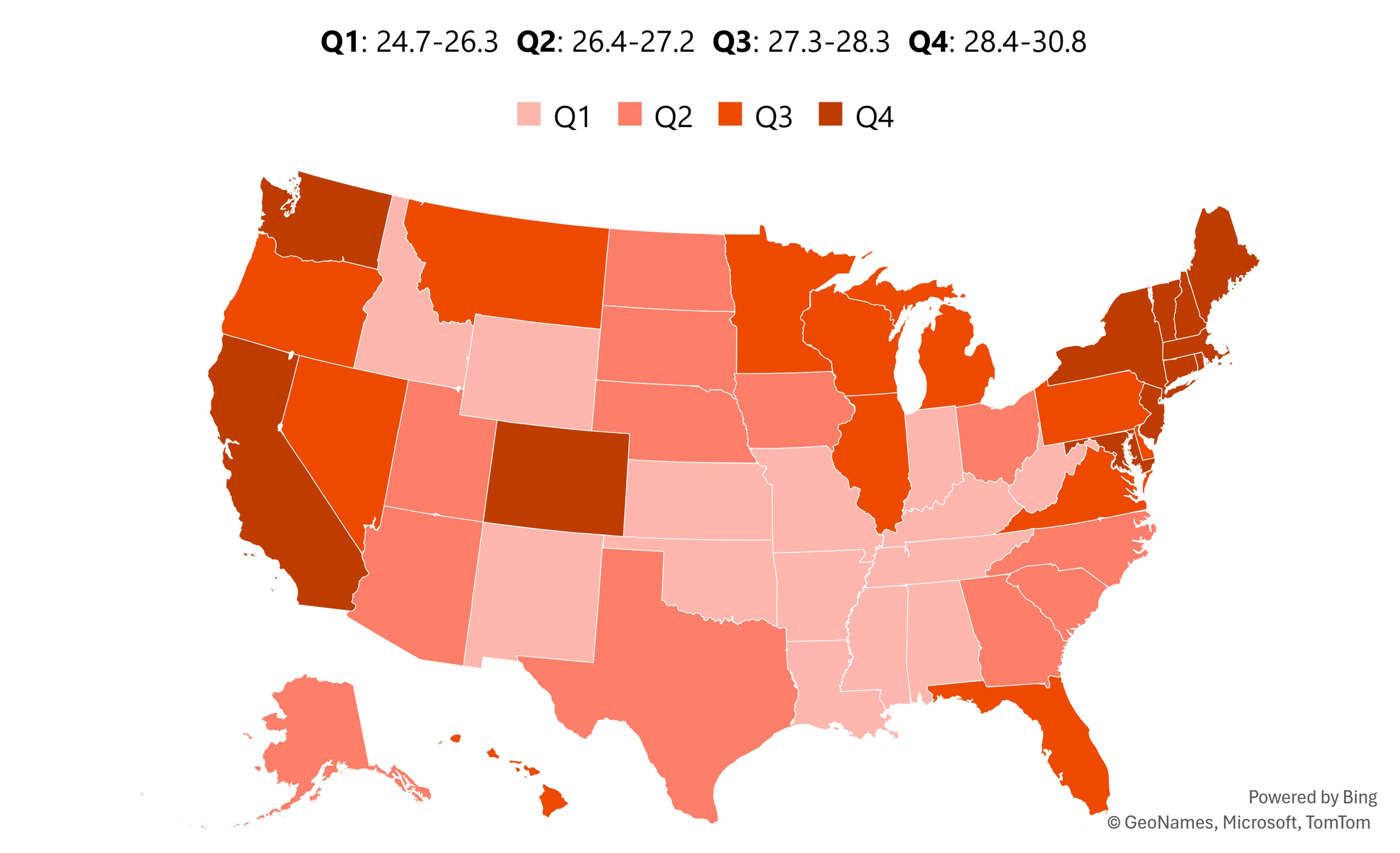 A four quadrant color coded map of the U.S showing the average age of mothers at first birth in 2024.