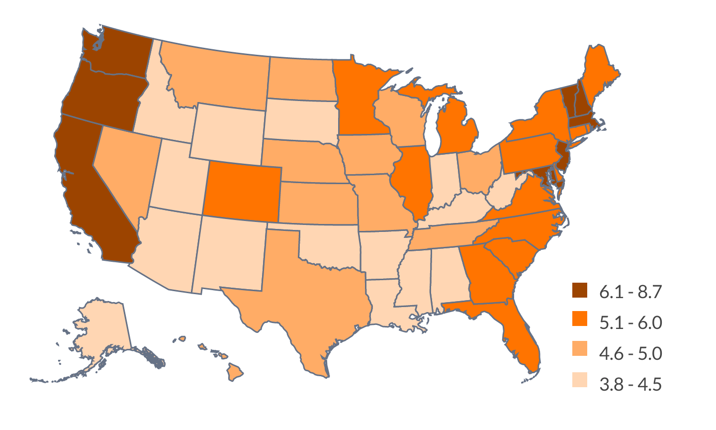 map of USA in shades of orange showing State-level Change in Mean Maternal Ages of First Births, 1970-2017