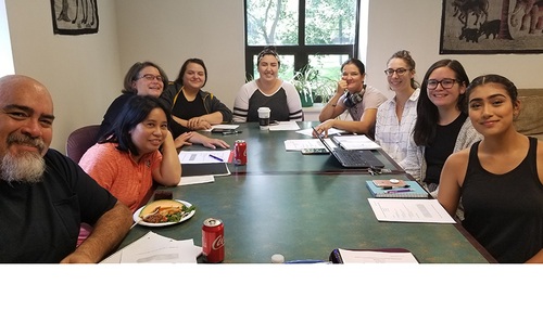 Members of the Latino/a/x Issues Conference Organizing Committee during Fall 2018 planning meeting (from left to right): Dr. Luis Moreno, Trinidad Linares, Dr. Susana Peña, Megan Miner, McKenna Freeman, Dr. Michaela Django Walsh, Emily Edwards, Taylor Lyndsey Abair, Dania Alvarado. 