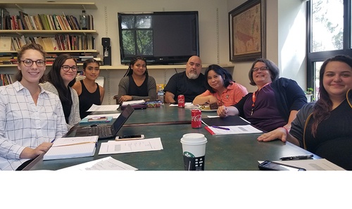 Members of the Latino/a/x Issues Conference Organizing Committee during Fall 2018 planning meeting (from left to right): Emily Edwards, Taylor Lyndsey Abair, Dania Alvarado, Jade Hernandez, Dr. Luis Moreno, Trinidad Linares, Dr. Susana Peña, Megan Miner.