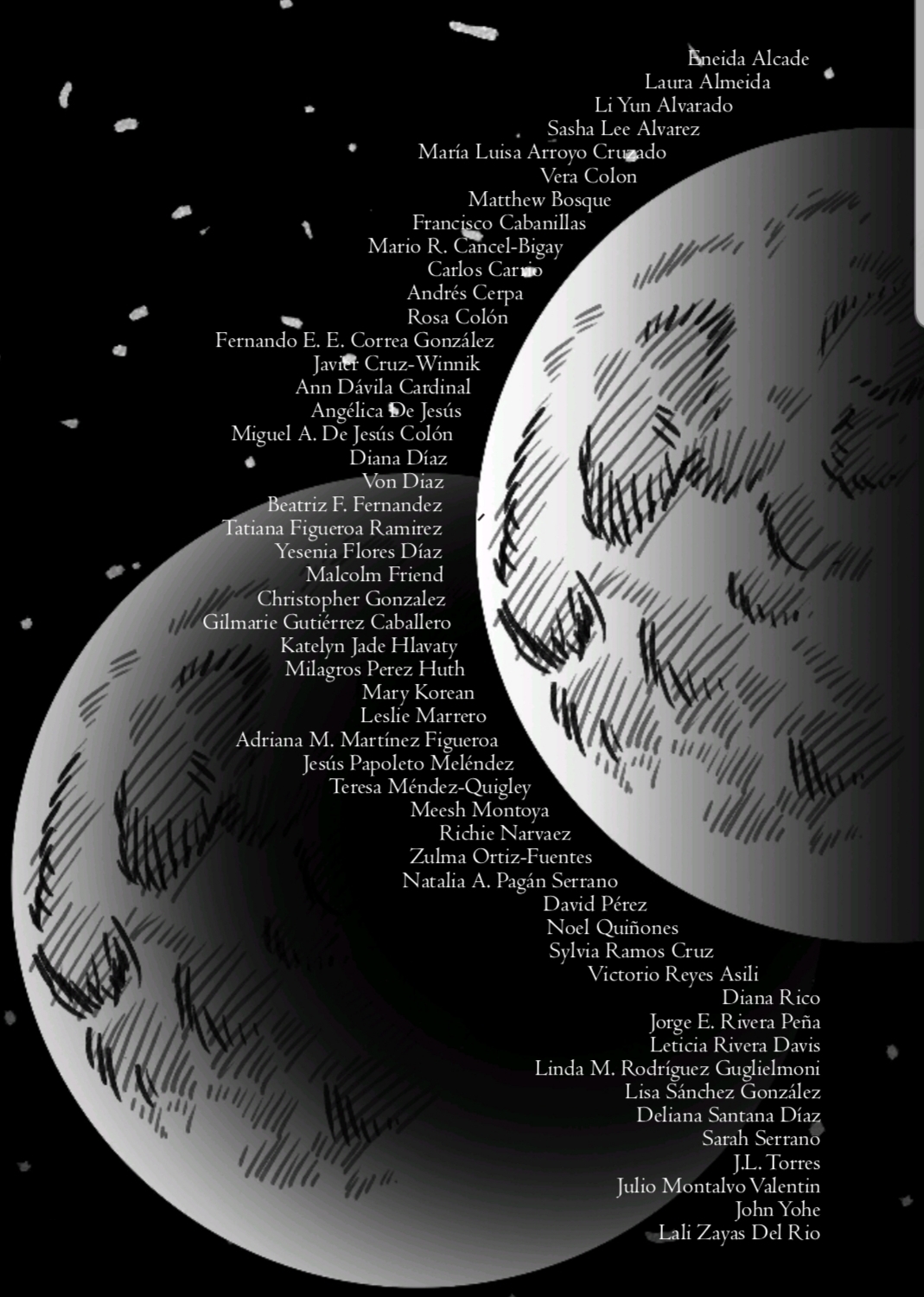 The back cover of the book features another illustration of the moon, plus contributor names