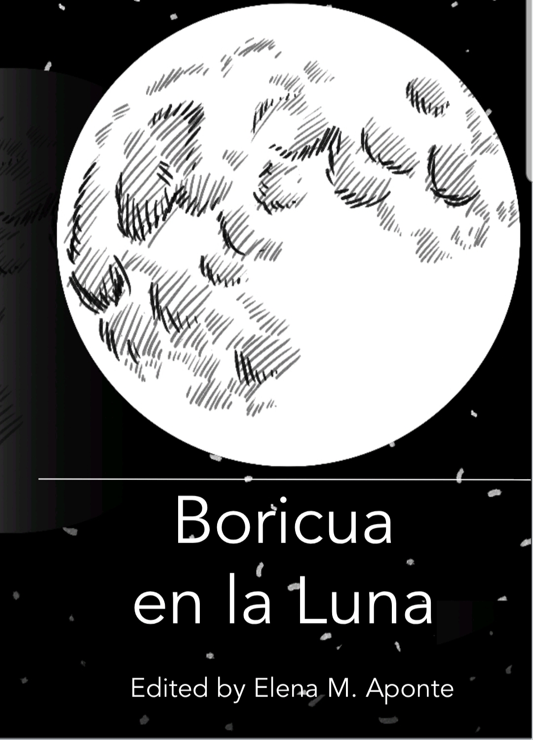 The front cover of Boricua en la Luna features an illustration of the moon