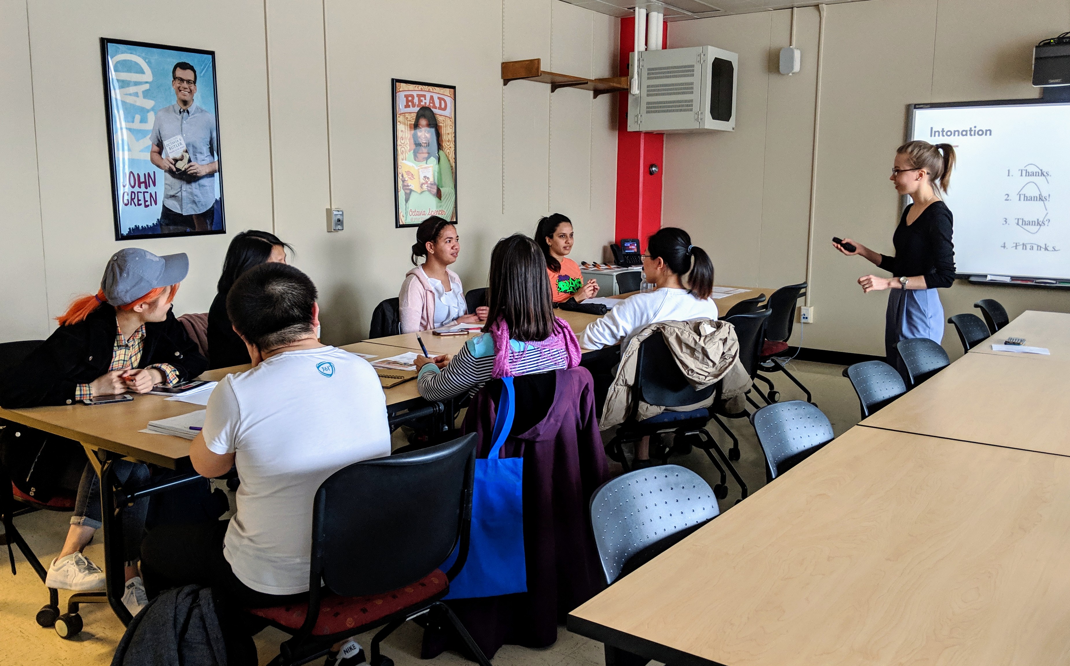 A picture of students during one of the Presentation and Pronunciation Lab workshops. Some of the students were Adabel Medina Carrera, Melany Gutierrez Hernandez, and Guo Chang