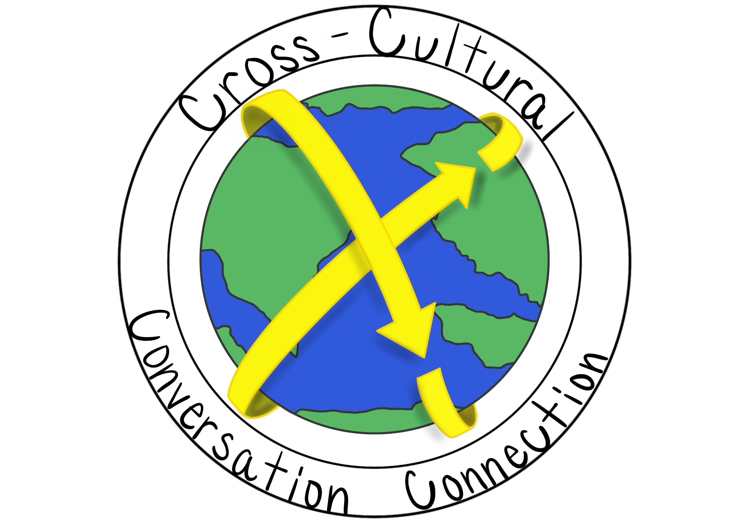 two arrows crossing over a world globe. encircling text: cross-cultural conversation connection program