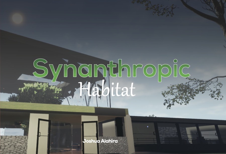 image of house with text "Synanthropic Habitat," "Joshua Alahira" over it
