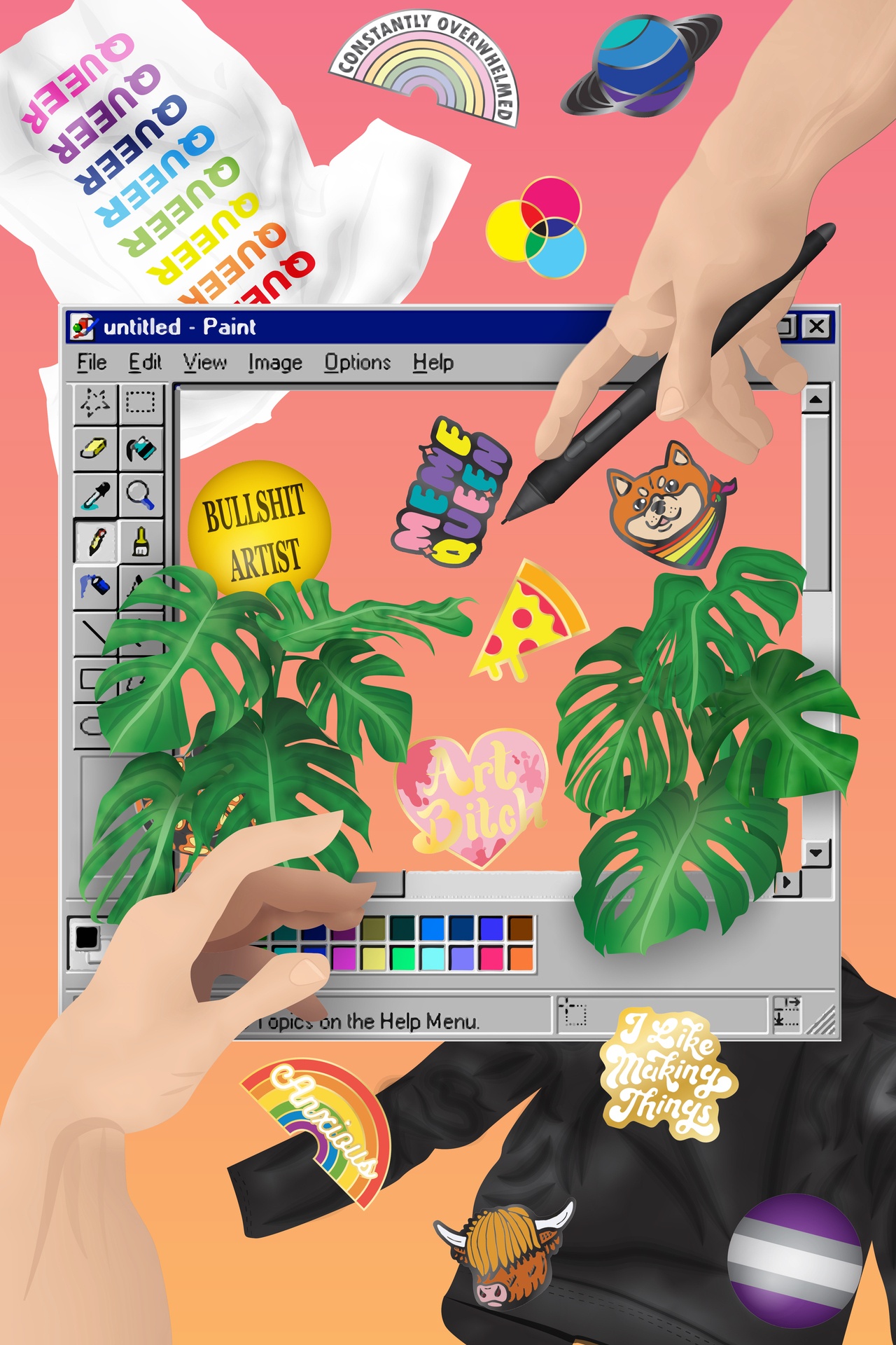 Digital collage of hands, MS paint, and other visual elements