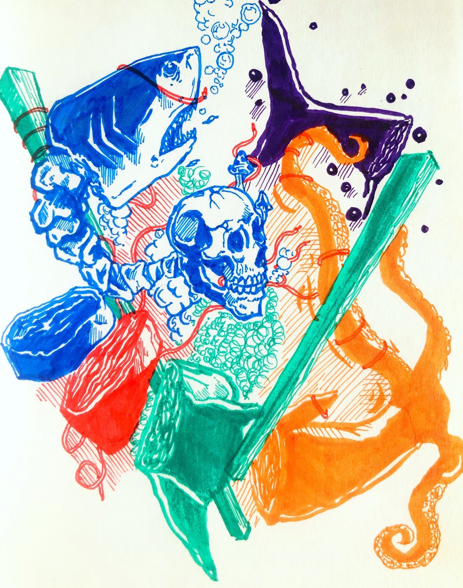 Ink drawing of pieces of sea creatures in blue, purple, green, orange, and red