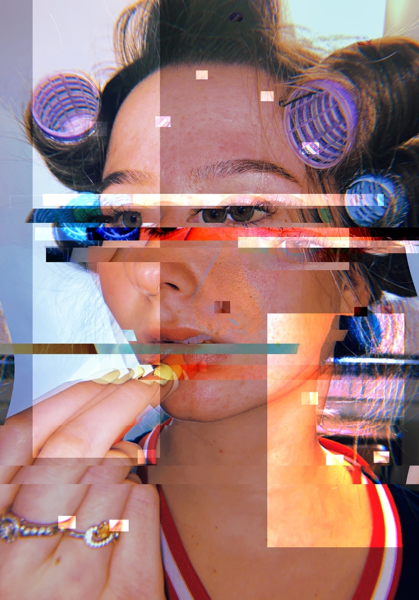 Digital art of a glitching person applying makeup